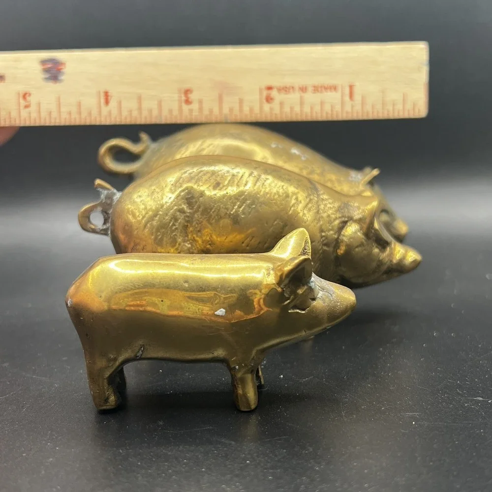 3 Vintage Solid Brass Pig Family Figures Ornaments Three Little Pigs Retro Heavy